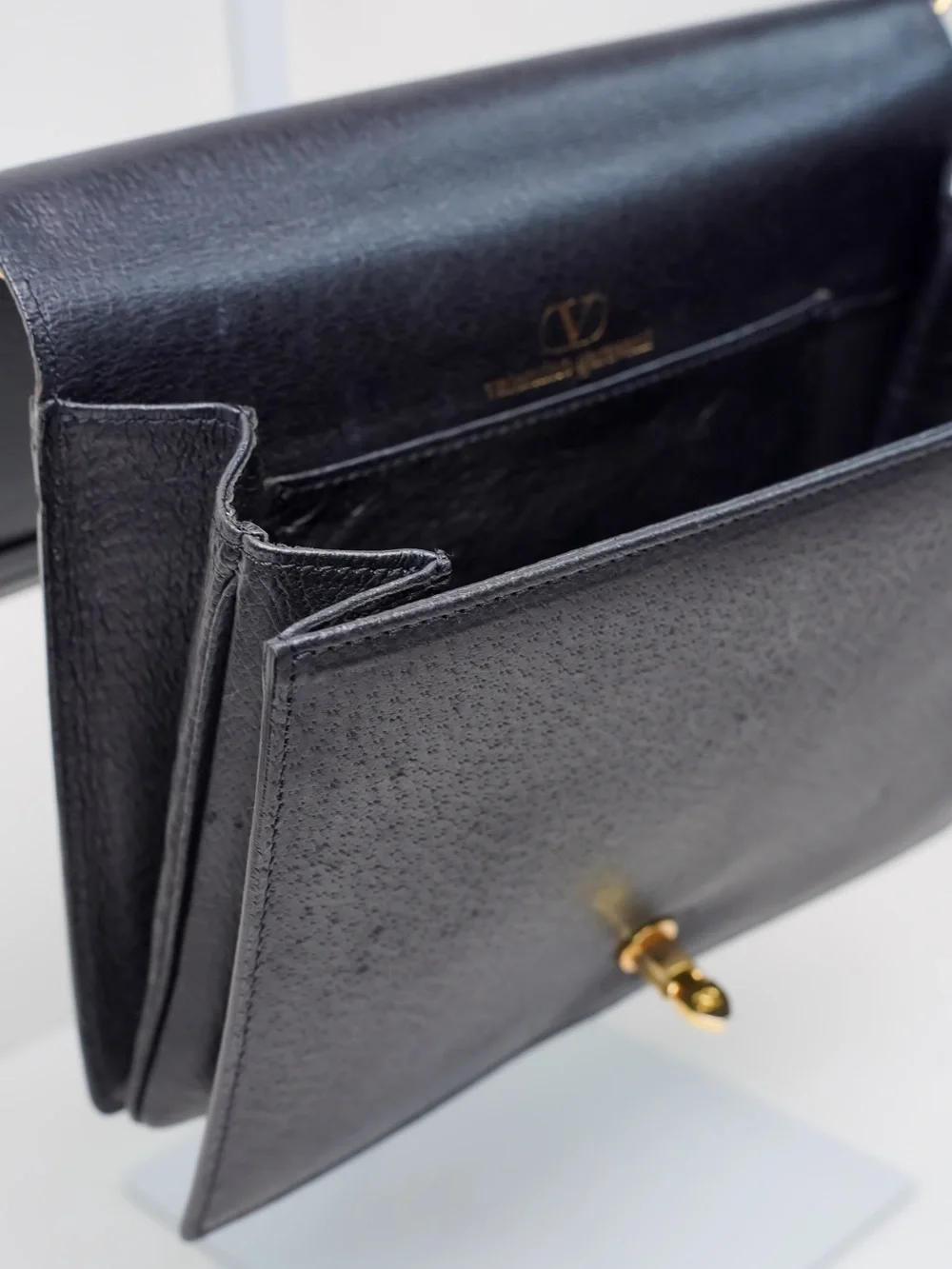 Vintage Valentino Garavani Black Leather Crossbody Bag 90s Quiet Luxury